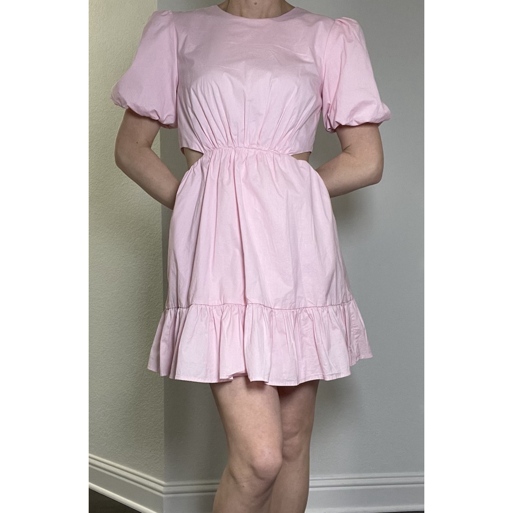 WAYF Pink Dress M Baby Doll Cut Out Ruffle Puff Sleeve Barbie Bubble Gum